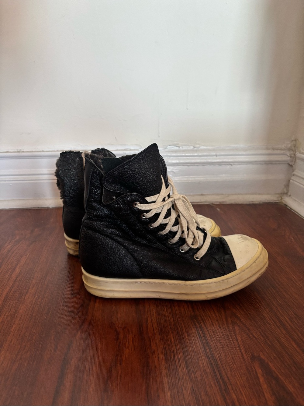 Rick Owens Black High-Top Leather Sneakers with Cream Accents